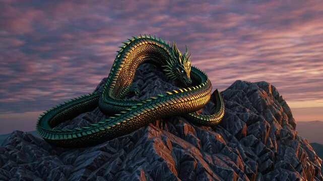 Majestic Chinese dragon resting on mountaintop, mythical creature in ancient setting
