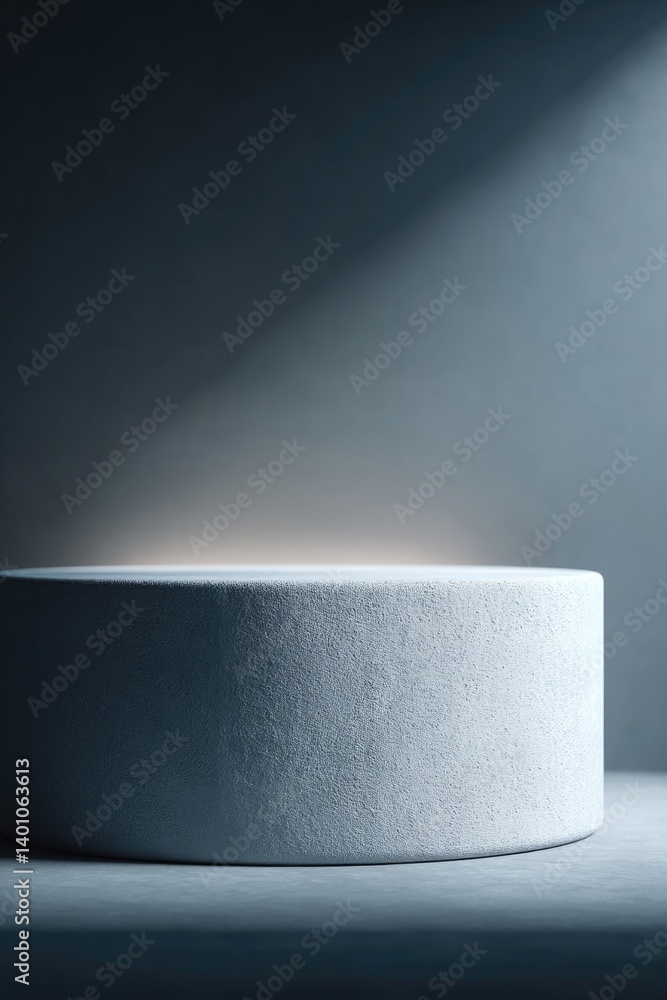 Poster empty podium with volumetric lighting surrounded by soft shadows and textures