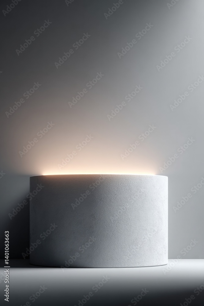 Poster empty podium with volumetric lighting surrounded by soft shadows and textures