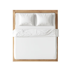 Top view white bed with wooden frame featuring two pillows and neatly arranged linens in a minimal modern style. Isolated on transparent background, png.