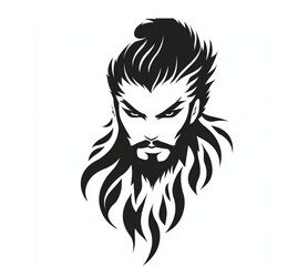 Stylized man with flowing beard, serious, looking slightly up, on a white background