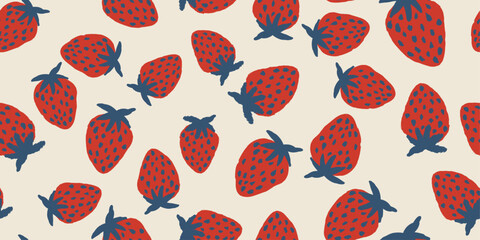 The strawberries are stylized with a hand-drawn, slightly abstract look, with red bodies and dark blue leaves and stems. The pattern is dense, with strawberries.