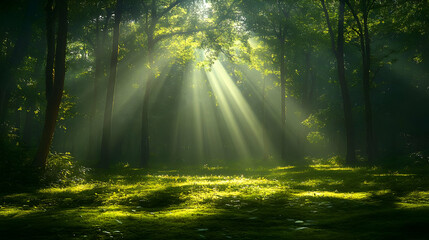 Obraz premium Sunlit Forest Scene with Rays of Light Through Lush Green Trees