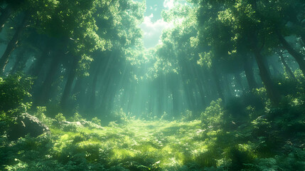 Obraz premium Sunlit Green Forest Path with Lush Undergrowth