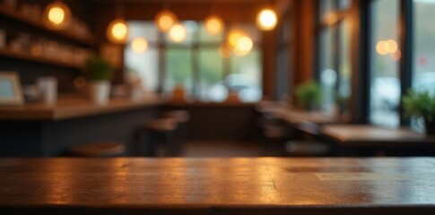 Fototapeta premium Dark wooden table with empty space, blurred light gold bokeh background in a cozy cafe setting, dark wood, cozy atmosphere