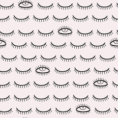The image features a repeating pattern of closed eyes with eyelashes and a few open eyes with pupils. The eyes are drawn in a simple, cartoon style with black outlines and white interiors.