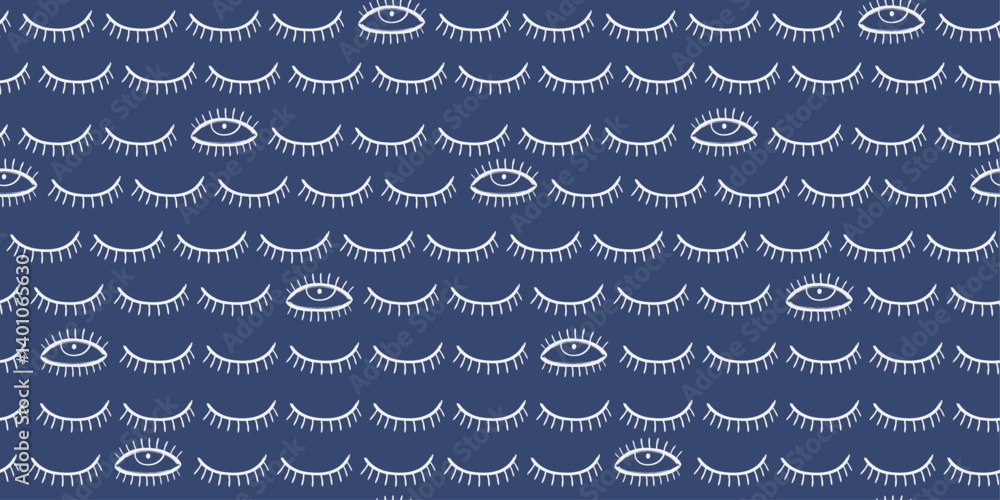 Poster The image features a repeating pattern of white eyes and eyelashes on a deep blue background. The eyes are stylized and simple, with a single pupil and a few lashes.