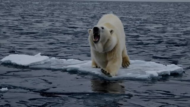 Angry and anxious polar bear on melting ice floe, climate change and wildlife distress concept