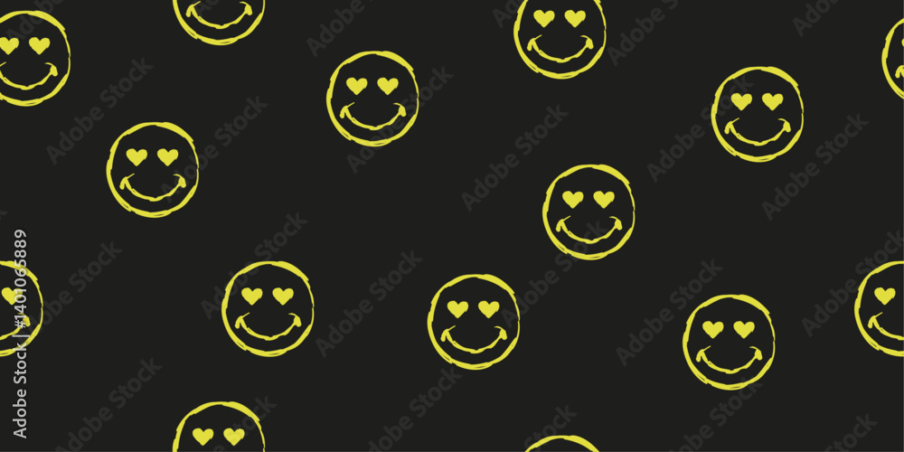 Poster The image features a repeating pattern of yellow smiley faces with heart-shaped eyes on a black background.