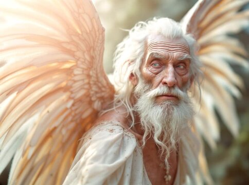 Elderly man with angel wings looking into camera in golden light, symbolic spiritual concept
