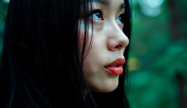 Cinematic portrait of thoughtful Asian woman looking away, introspective mood in soft lighting