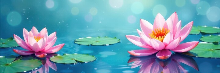 Soft watercolor water lilies on a serene blue background, nature art, watercolor painting