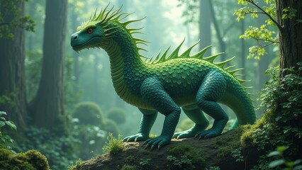 The green little dragon in the forest