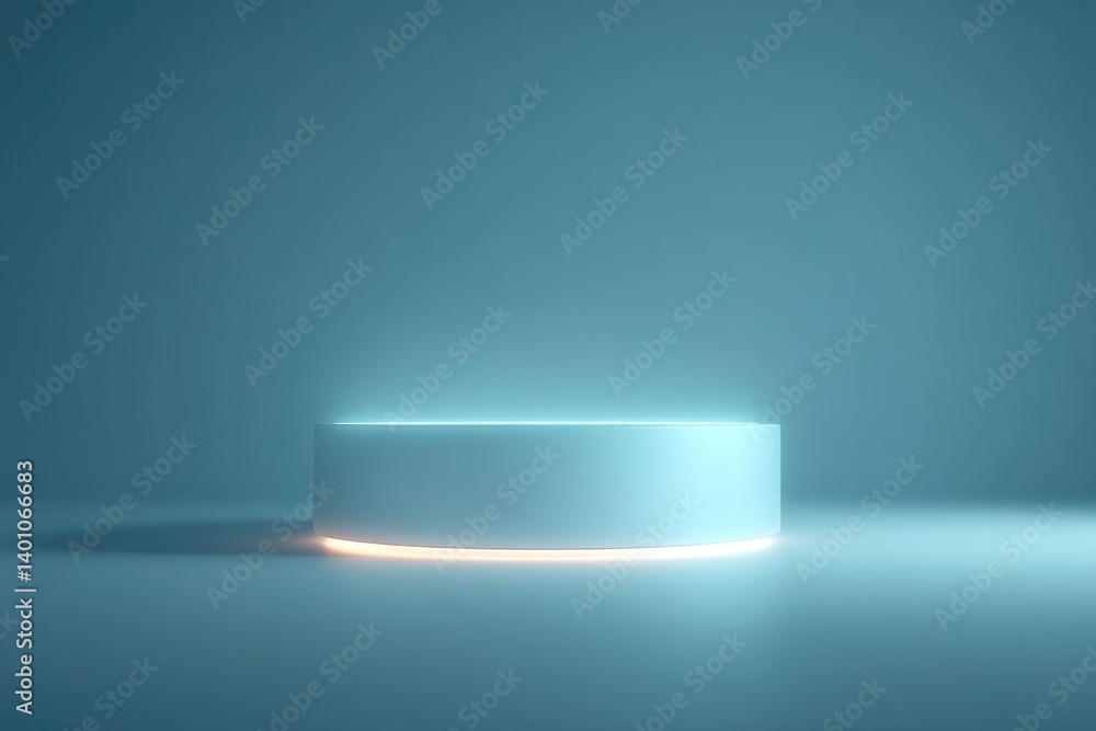 Poster minimalistic scene with empty podium illuminated by soft volumetric lighting inviting serene ambianc