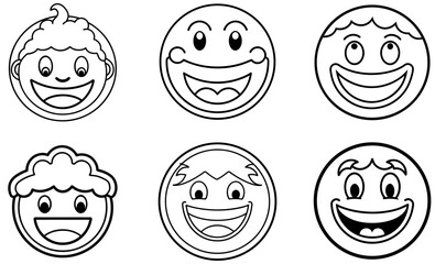 Cute Emoji Faces with Smiles - Character Illustrations, Cartoon Line Art
