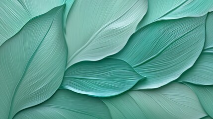 Obraz premium Green leaves with a blue background. The leaves are arranged in a way that creates a sense of movement and depth. The overall mood of the painting is serene and calming, as the green leaves
