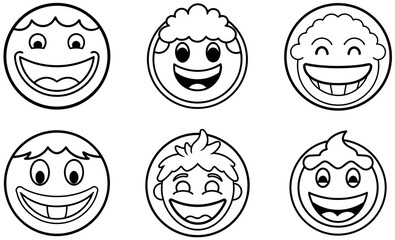 Cute Emoji Faces with Smiles - Character Illustrations, Cartoon Line Art