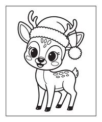 Fototapeta premium Baby deer with Christmas hat coloring page for kids, black line art vector illustration on white background