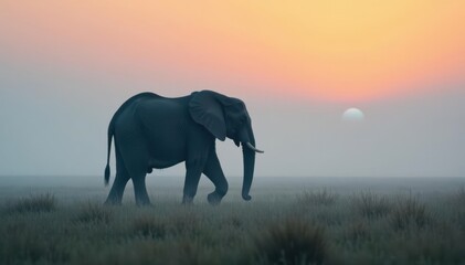 Naklejka premium Elephant walks alone through dense morning fog on the open plains, solitude, wildlife