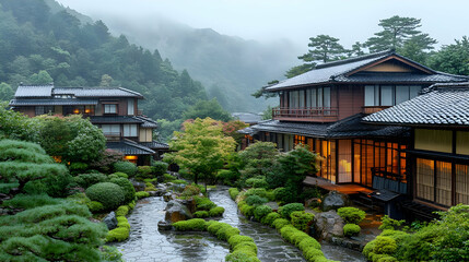 Obraz premium Traditional Japanese Houses in Misty Mountain Setting