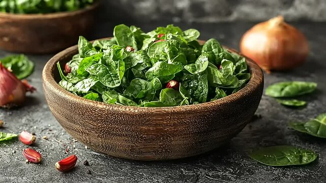 Freshly prepared spinach salad in a rustic wooden bowl, with onions and herbs in the background