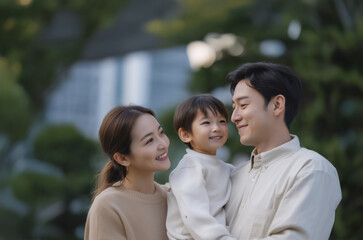 Fototapeta premium happy family of three enjoys serene moment in lush garden, with parents lovingly holding their smiling child. peaceful setting enhances their joyful expressions
