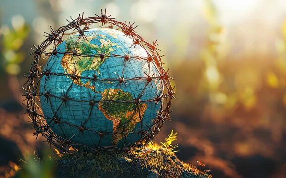 A globe encased in barbed wire representing trade barriers, peaceful, 3D render, medium shot.