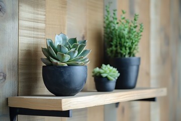 Beautiful succulents on wooden shelf Interior