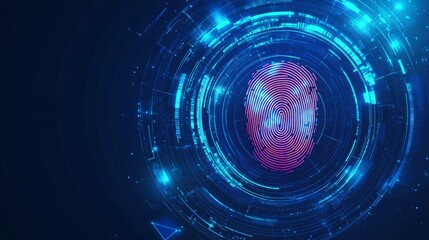Fototapeta premium Abstract digital fingerprint surrounded by glowing blue circles and lines on dark background.