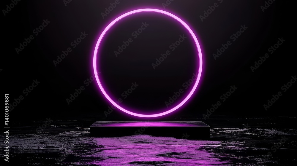 Aufkleber Large purple circle is lit up in the dark. The circle is surrounded by water and he is floating. The image has a mysterious and ethereal feel to it, as if it is a portal to another world