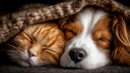 Fototapeta premium Cat and dog sleeping together under a blanket in a cozy bed.