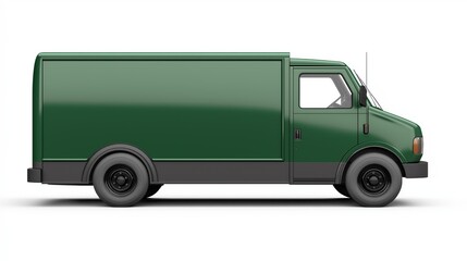 A full side profile of a green, unmarked, modern Delivery van, delivery truck, business van