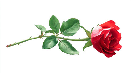 Fototapeta premium A vibrant red rose in full bloom with a green stem and leaves, symbolizing love and passion. Ideal for Mother's Day, Valentine's Day, weddings, florists, and romantic occasions.