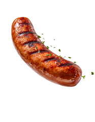 Grilled sausage falling with spices and parsley on transparent background