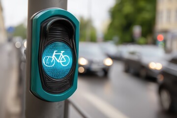 Urban Bike Traffic Signal Light Green Go Indicator on City Street with Cars Waiting