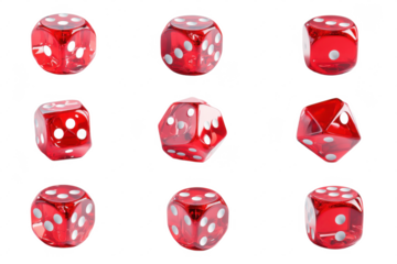 Red dice set collection isolated on black background for casino and board games