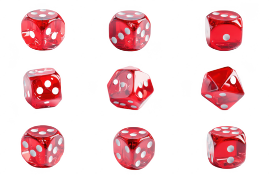 Red dice set collection isolated on black background for casino and board games