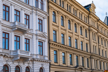 Facades of traditional Swedish houses in central Stockholm, Sweden