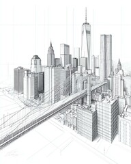 Naklejka premium A detailed architectural sketch of a modern skyline, showcasing iconic skyscrapers and intricate bridges in urban design.