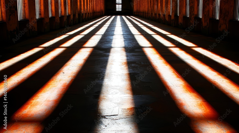 Aufkleber Long hallway with a lot of light shining on the floor. The light is creating shadows on the floor