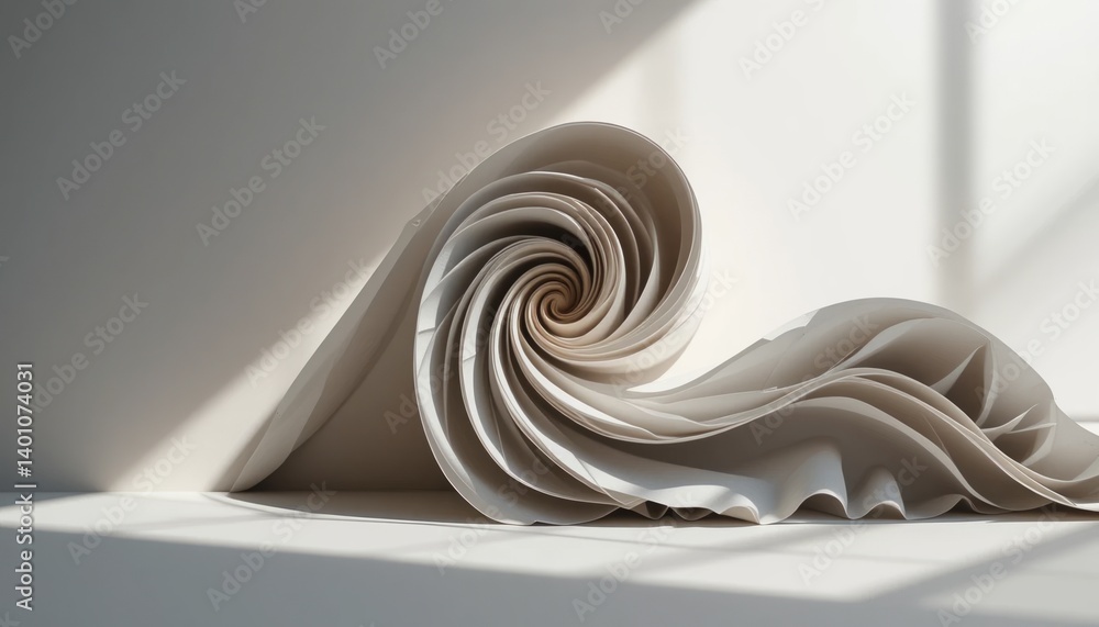 Poster dynamic paper art displaying intricate spiral patterns minimalist studio still life photography brig