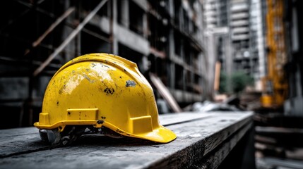 Safety Helmet on Construction Site with Urban Background