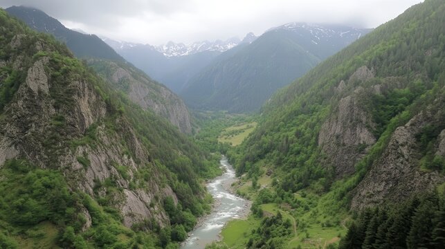 Mountain river valley landscape, aerial view