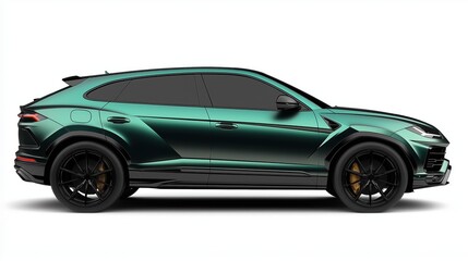 Fototapeta premium A full side profile of a metalic dark green SUV