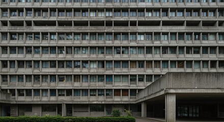 Fototapeta premium Brutalist concrete building with repetitive window patterns and sharp angles – stock photo