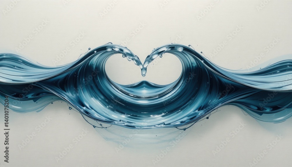 Poster dynamic water waves creating heart shape ocean shore digital art serene environment close-up view lo