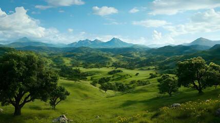 Green Lush Valley View With Hills And Trees