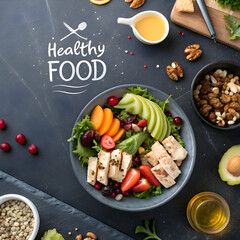 Yummy healthy meal on dark background