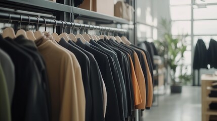 Modern clothing display in a stylish retail space showcasing various garments for shoppers during daylight