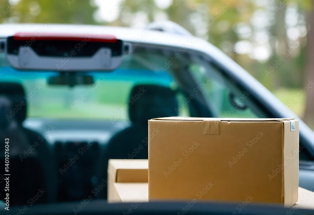 Poster generative ai image of cardboard boxes placed on the dashboard inside a car for relocation purposes